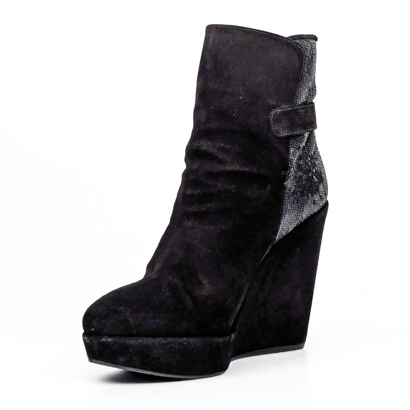 Stuart Weitzman Women Paragraph Black Suede Sequins Wedge Ankle Boots sz 9 - Picture 3 of 9